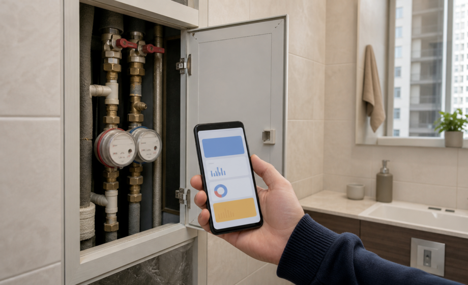 Счётчики воды в сантехническом шкафу квартиры и смартфон для передачи показаний