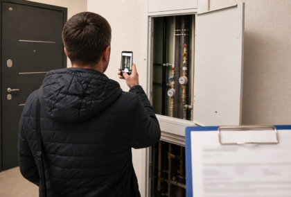 Житель фиксирует проблему у инженерного шкафа в подъезде