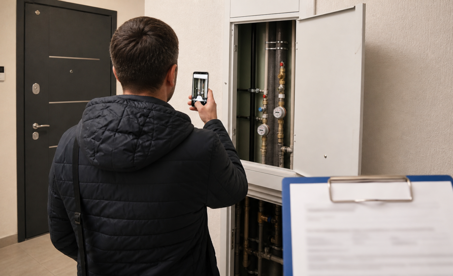 Житель фиксирует проблему у инженерного шкафа в подъезде